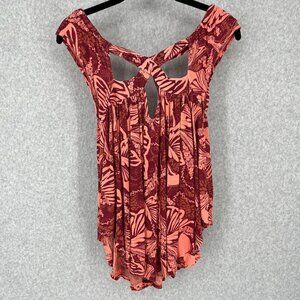 Free People Sugar Cane Strappy Top Size XS Floral Red Pink Boho Asymmetrical EUC